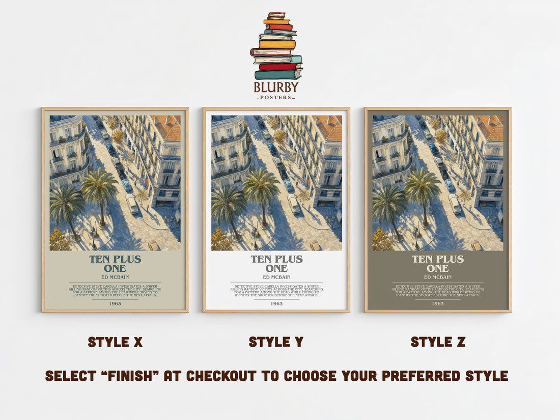 Ten Plus One bookish print in frame leaning in hallway – crime wall art (mockup)
