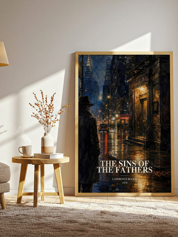 The Sins of the Fathers watercolour print in frame leaning in hallway – crime wall art