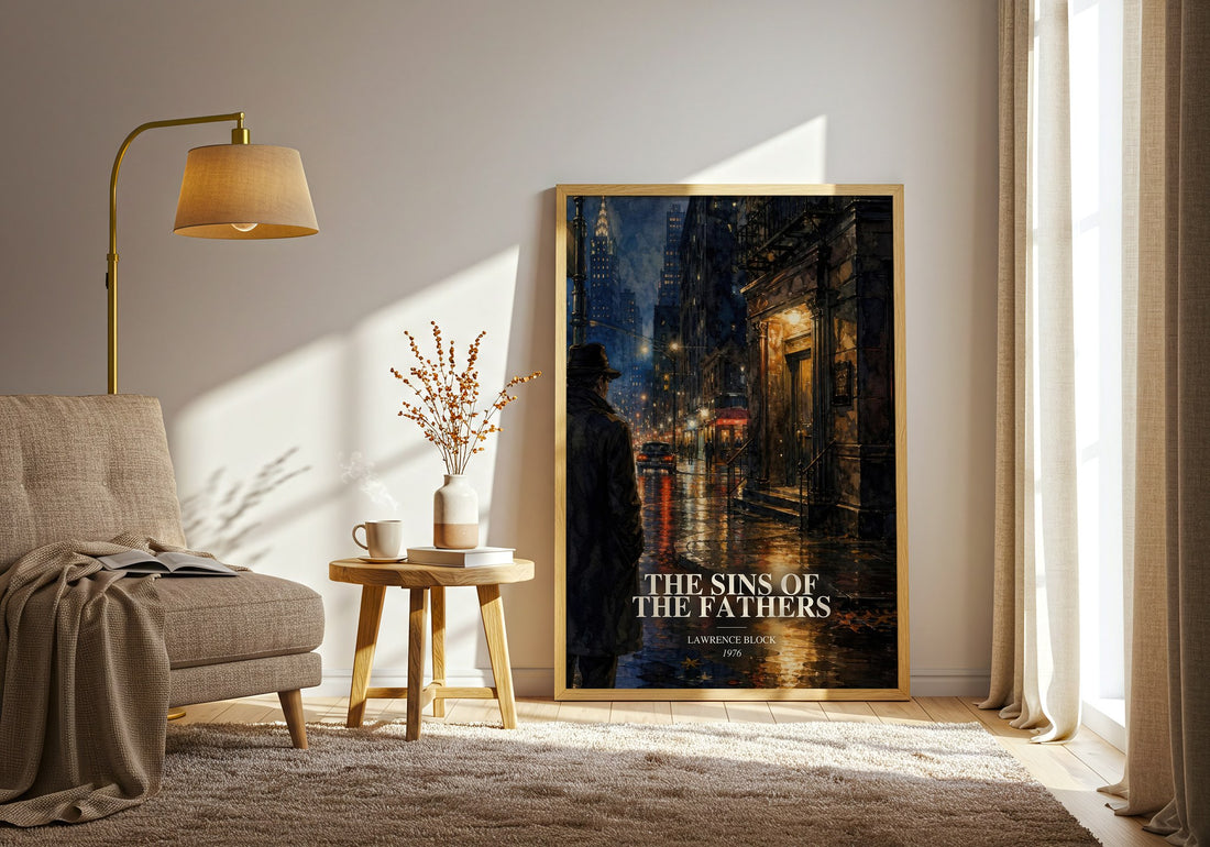 The Sins of the Fathers watercolour print in frame leaning in hallway – crime wall art (mockup)