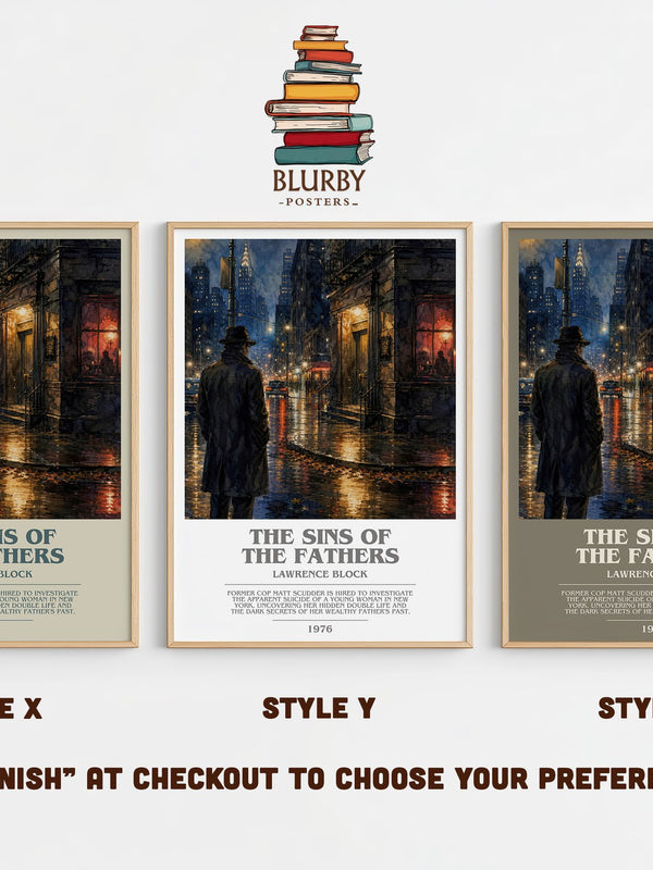 The Sins of the Fathers bookish print in frame leaning in hallway – crime wall art