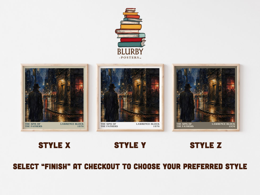 The Sins of the Fathers literary print in frame leaning in hallway – crime wall art (mockup)