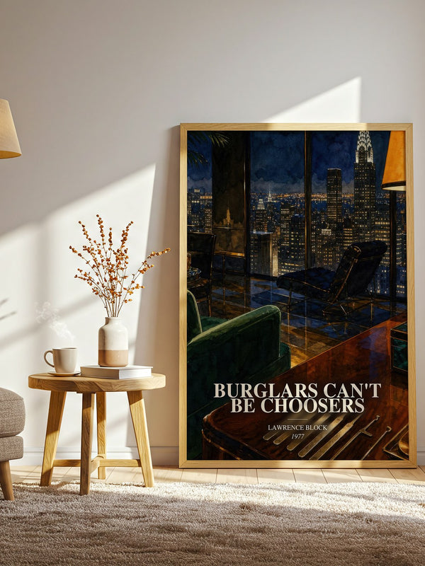 Burglars Can't Be Choosers watercolour print in frame leaning in hallway – crime wall art