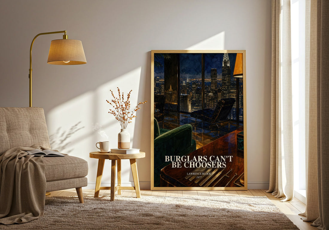 Burglars Can't Be Choosers watercolour print in frame leaning in hallway – crime wall art (mockup)