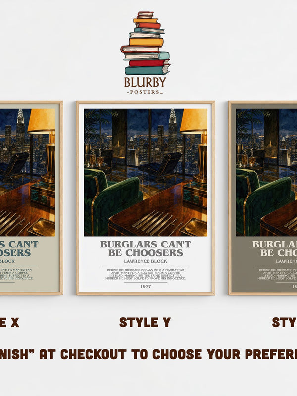Burglars Can't Be Choosers bookish print in frame leaning in hallway – crime wall art
