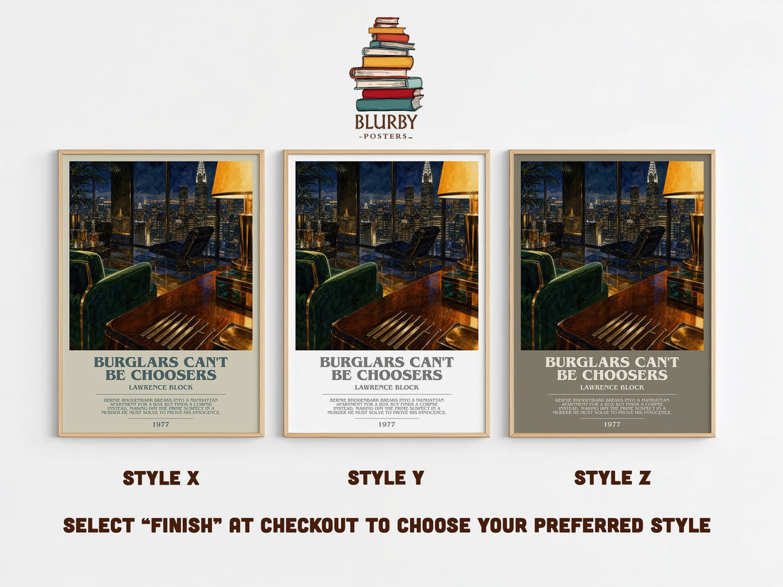 Burglars Can't Be Choosers bookish print in frame leaning in hallway – crime wall art (mockup)