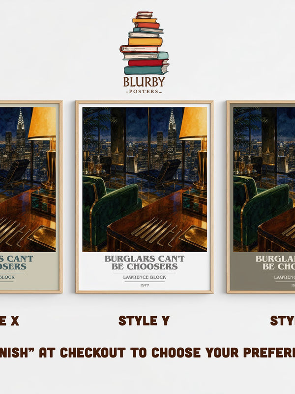 Burglars Can't Be Choosers book cover print in frame leaning in hallway – crime wall art