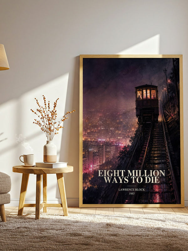 Eight Million Ways to Die watercolour print in frame leaning in hallway – crime wall art