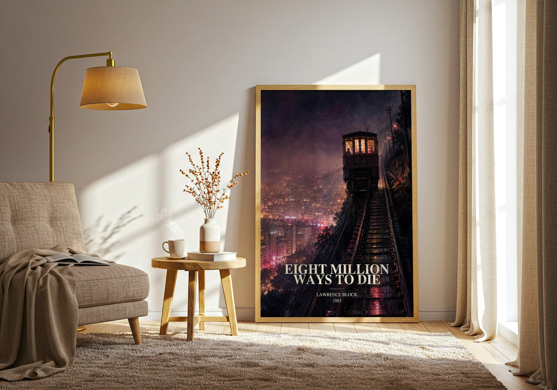 Eight Million Ways to Die watercolour print in frame leaning in hallway – crime wall art (mockup)
