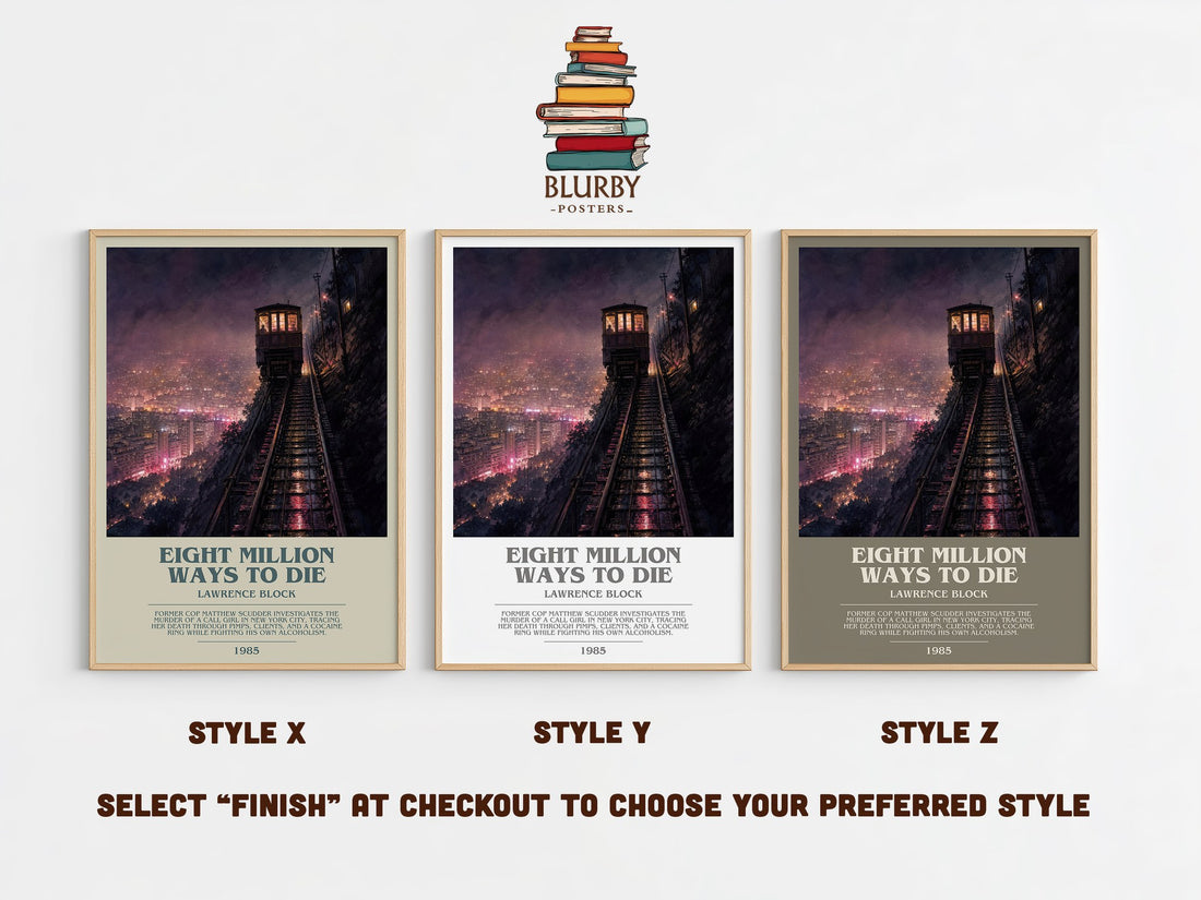 Eight Million Ways to Die bookish print in frame leaning in hallway – crime wall art (mockup)