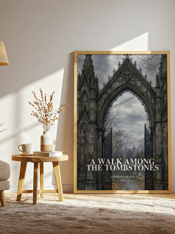 A Walk Among the Tombstones watercolour print in frame leaning in hallway – crime wall art