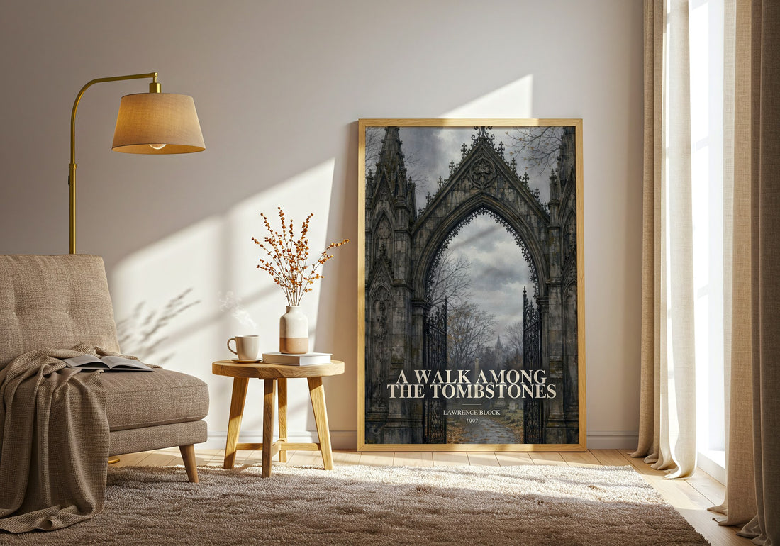 A Walk Among the Tombstones watercolour print in frame leaning in hallway – crime wall art (mockup)