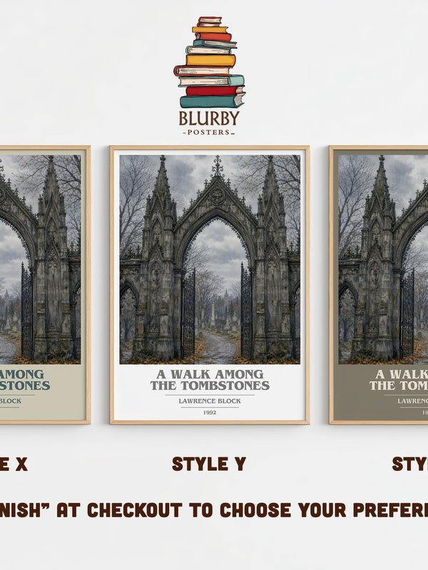 A Walk Among the Tombstones book cover print in frame leaning in hallway – crime wall art