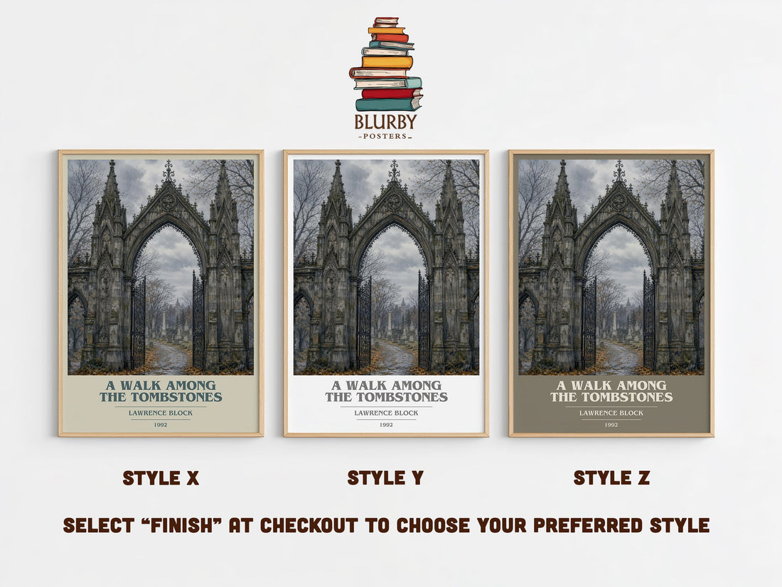 A Walk Among the Tombstones book cover print in frame leaning in hallway – crime wall art (mockup)