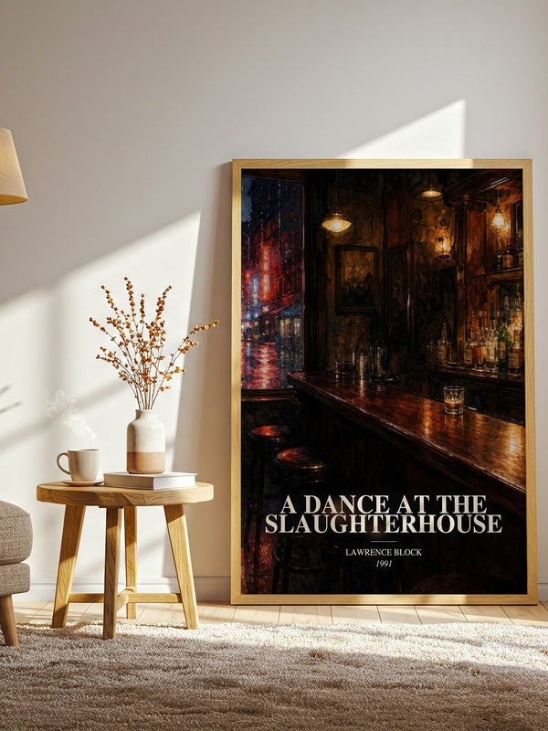 A Dance at the Slaughterhouse watercolour print in frame leaning in hallway – crime wall art