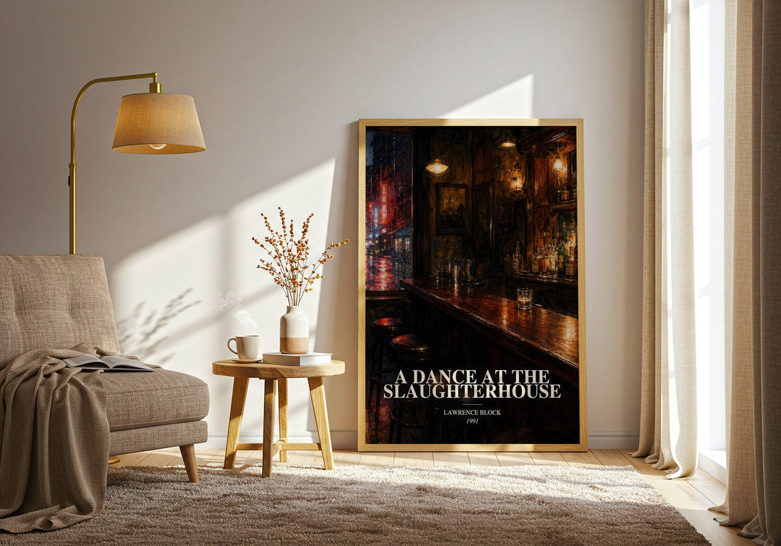 A Dance at the Slaughterhouse watercolour print in frame leaning in hallway – crime wall art (mockup)
