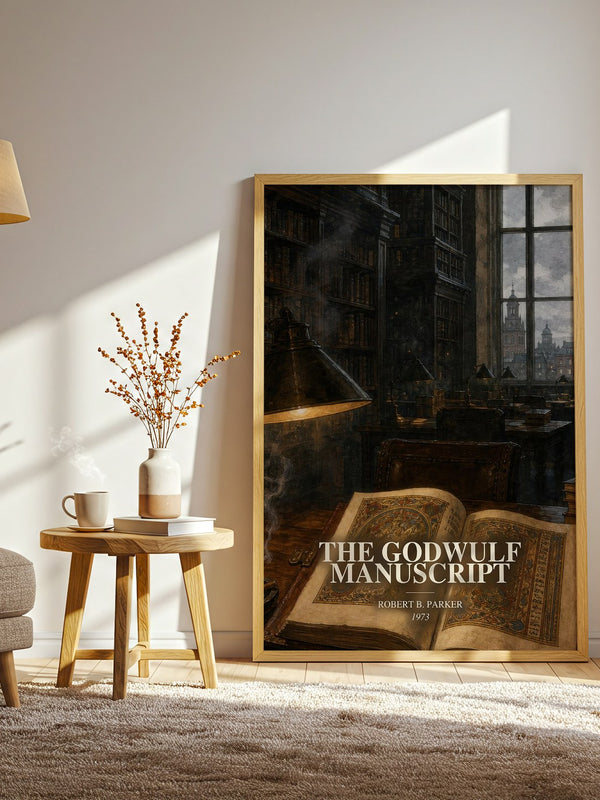 The Godwulf Manuscript watercolour print in frame leaning in hallway – crime wall art