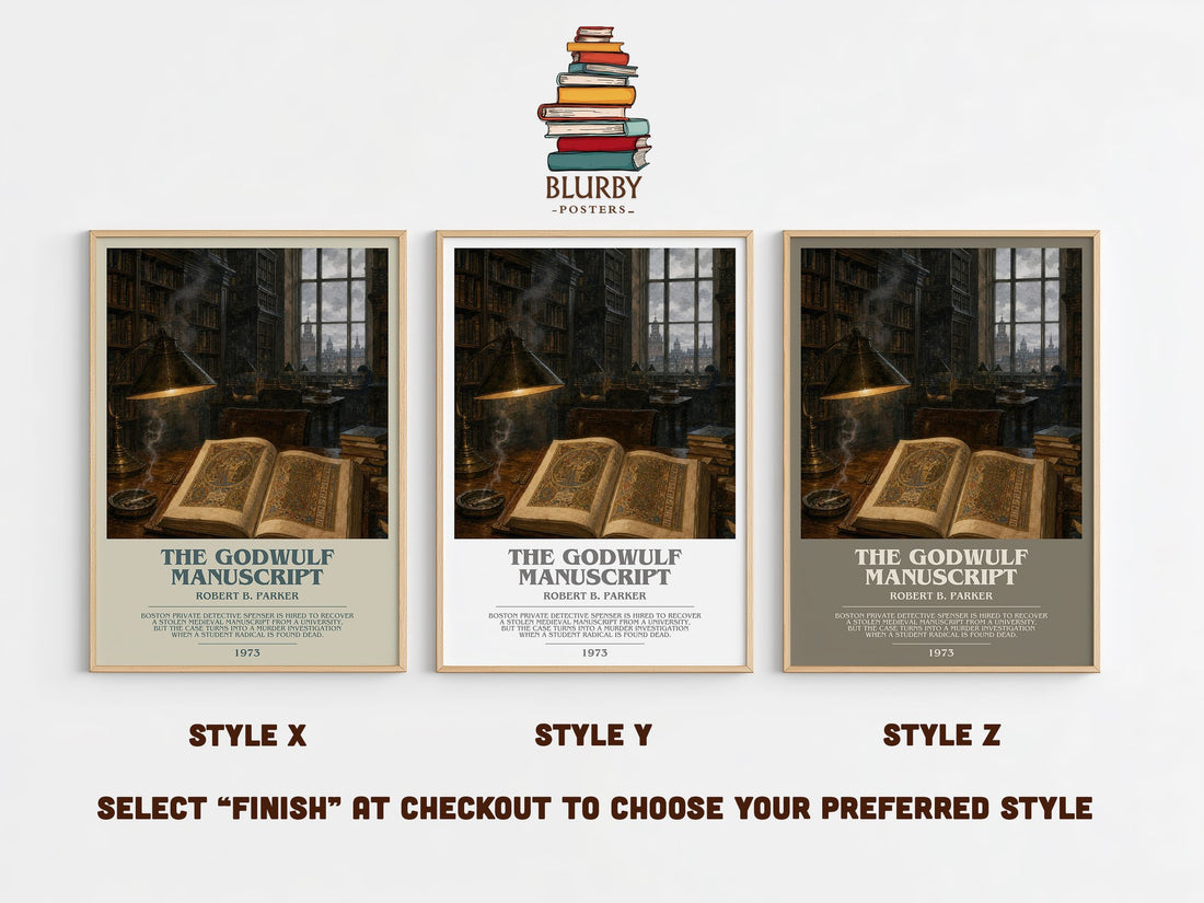The Godwulf Manuscript bookish print in frame leaning in hallway – crime wall art (mockup)