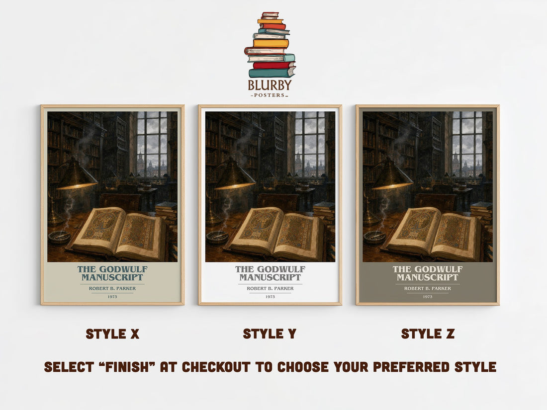 The Godwulf Manuscript book cover print in frame leaning in hallway – crime wall art (mockup)