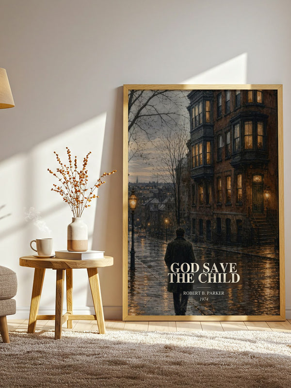 God Save the Child watercolour print in frame leaning in hallway – crime wall art