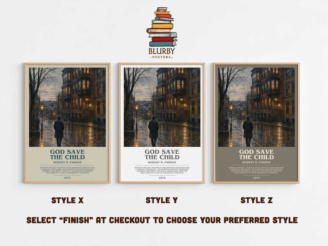 God Save the Child bookish print in frame leaning in hallway – crime wall art (mockup)