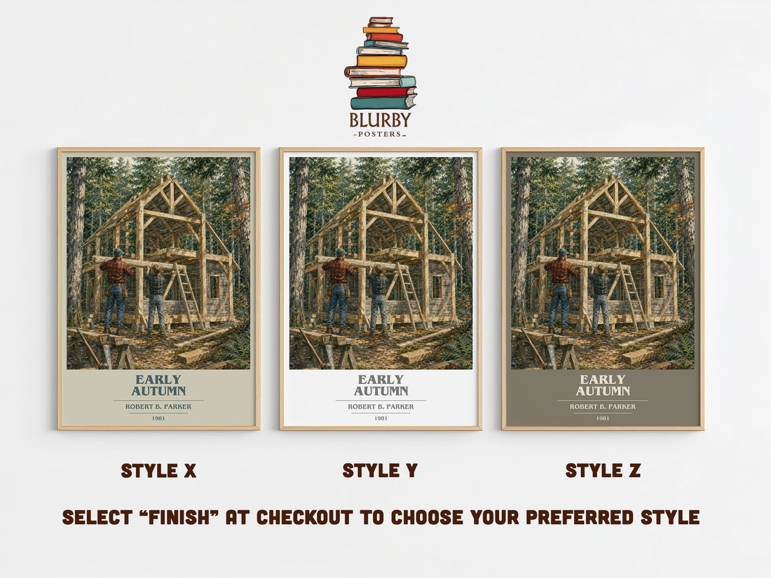 Early Autumn book cover print in frame leaning in hallway – mystery wall art (mockup)