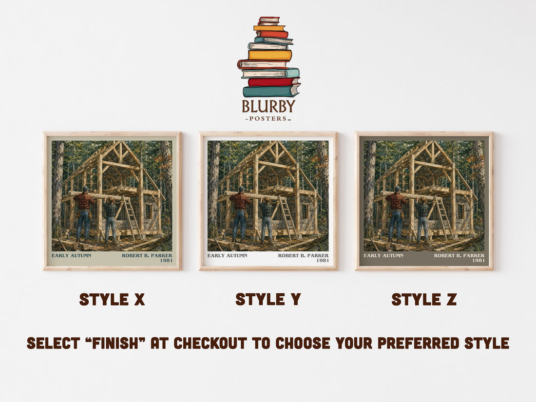 Early Autumn literary print in frame leaning in hallway – mystery wall art (mockup)