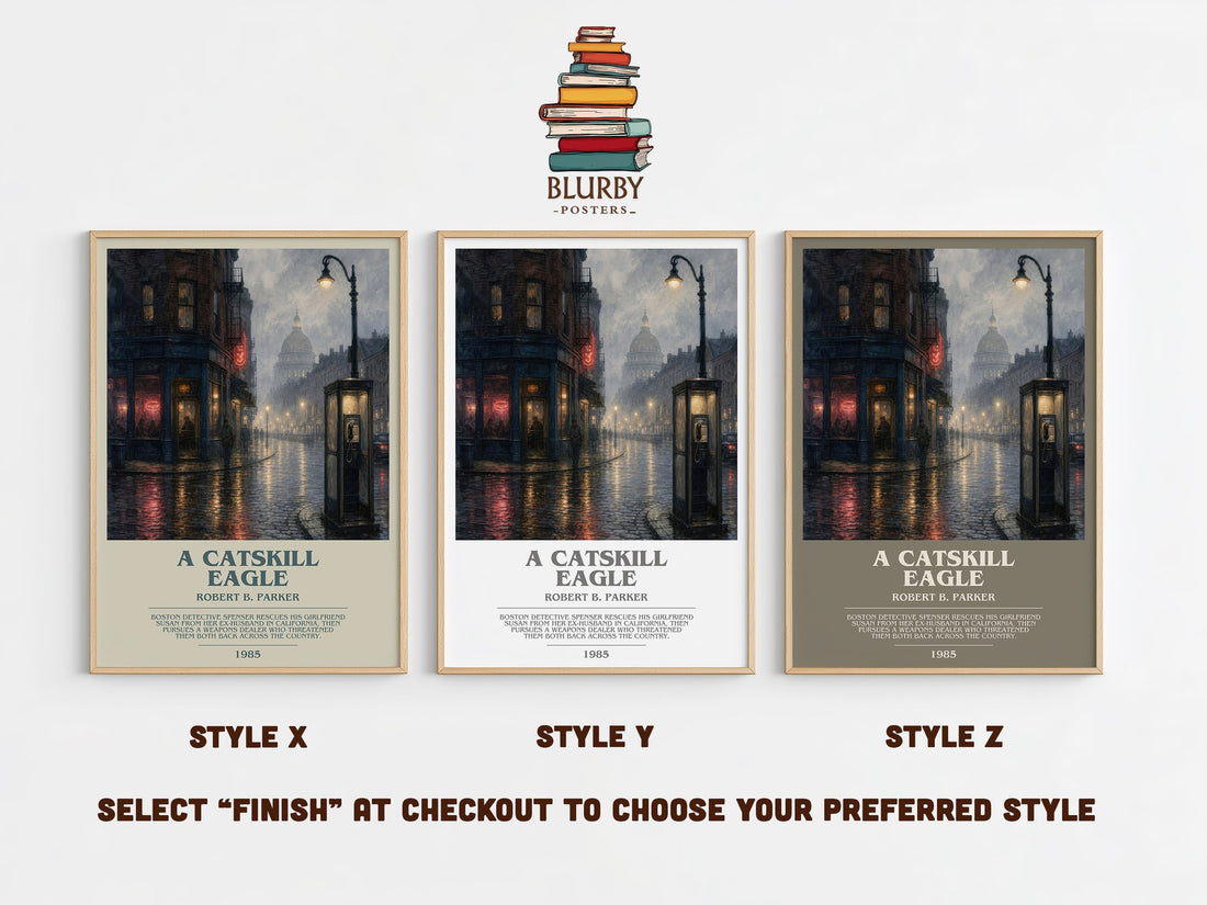 A Catskill Eagle bookish print in frame leaning in hallway – mystery wall art (mockup)