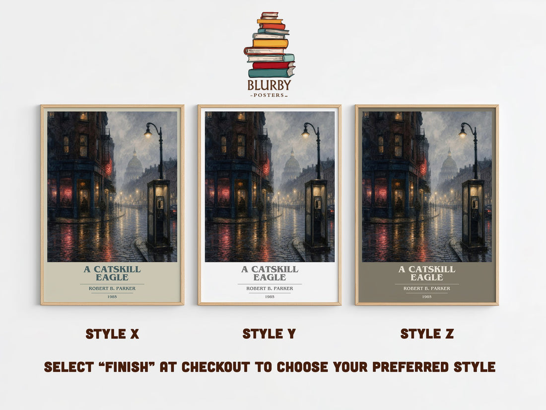 A Catskill Eagle book cover print in frame leaning in hallway – mystery wall art (mockup)