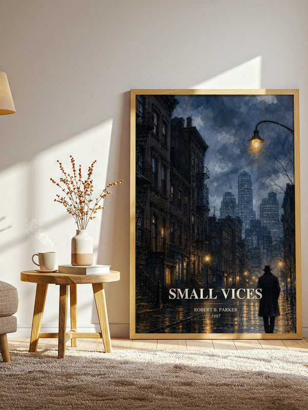 Small Vices watercolour print in frame leaning in hallway – crime wall art