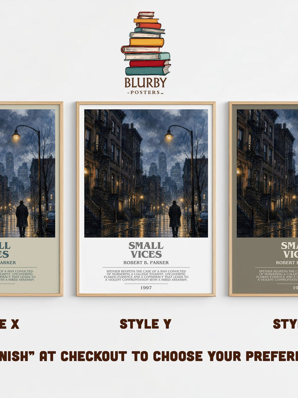 Small Vices bookish print in frame leaning in hallway – crime wall art