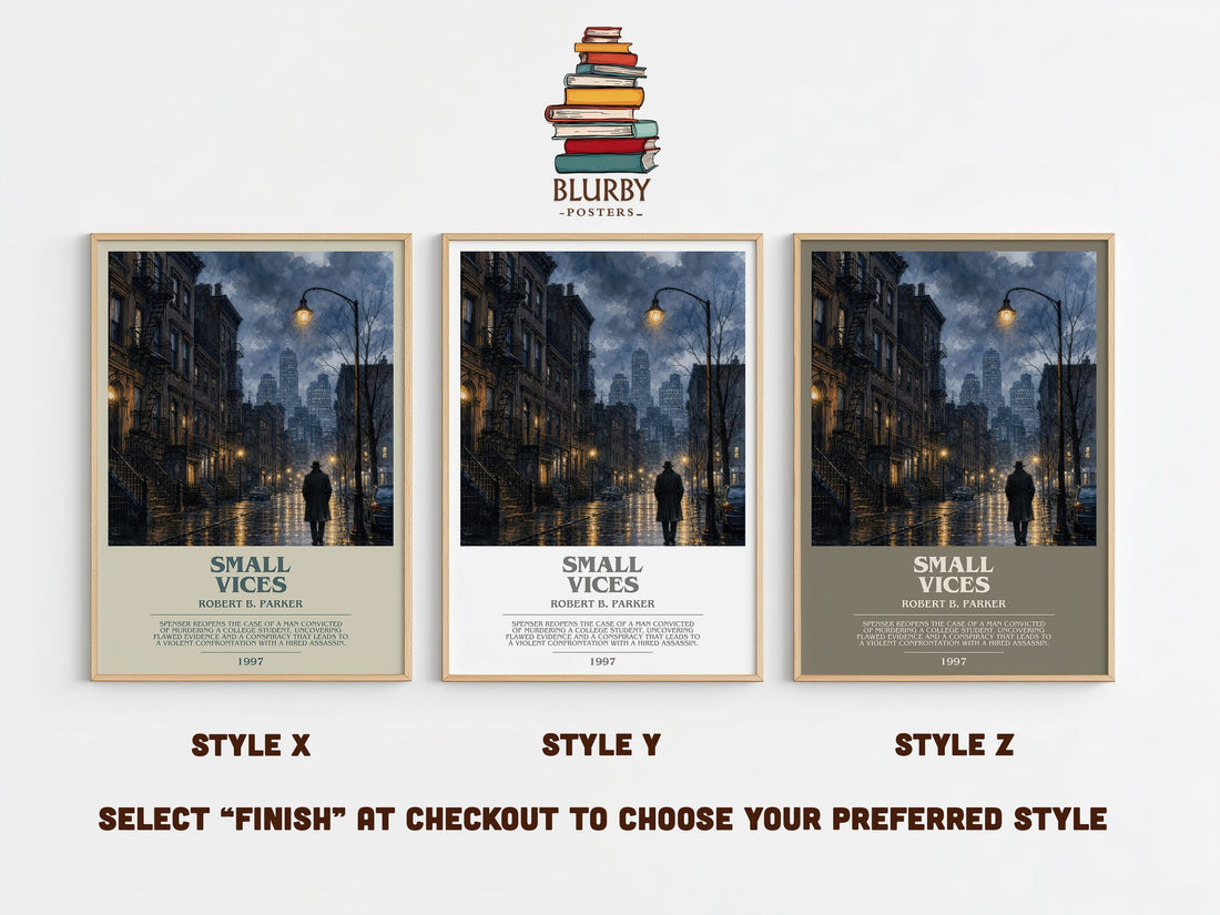 Small Vices bookish print in frame leaning in hallway – crime wall art (mockup)