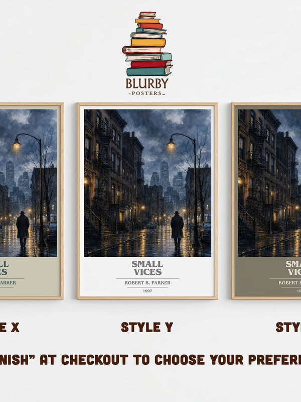 Small Vices book cover print in frame leaning in hallway – crime wall art