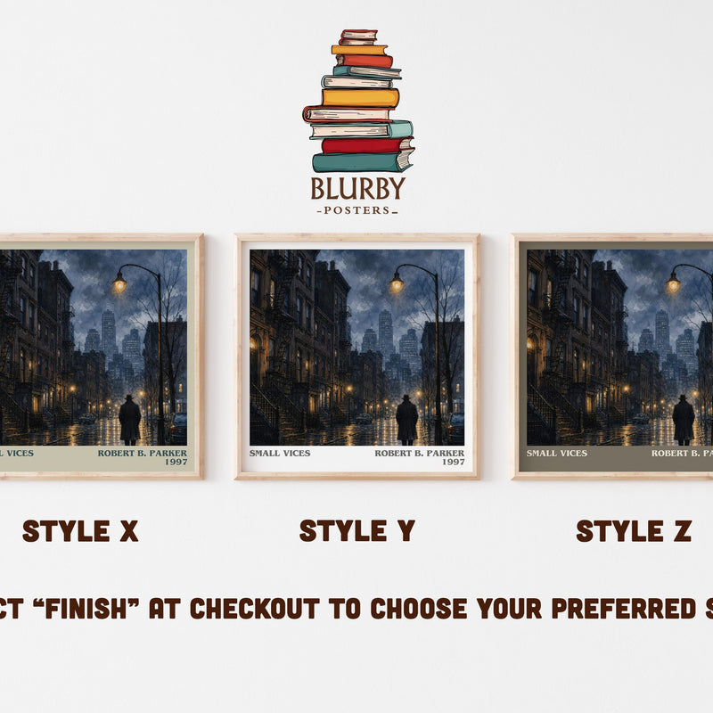 Small Vices literary print in frame leaning in hallway – crime wall art
