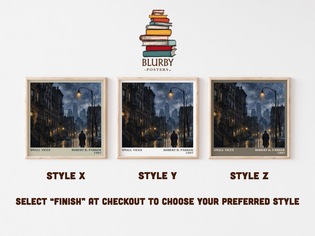 Small Vices literary print in frame leaning in hallway – crime wall art (mockup)