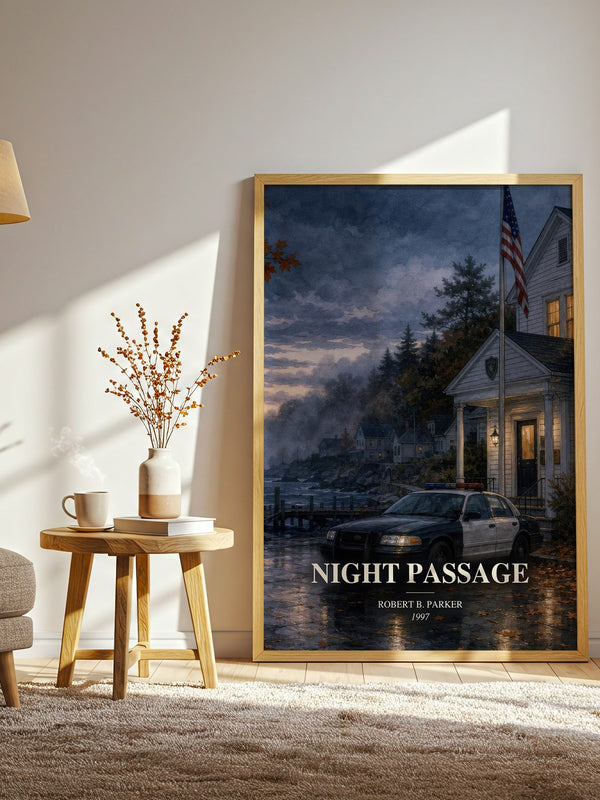 Night Passage watercolour print in frame leaning in hallway – crime wall art