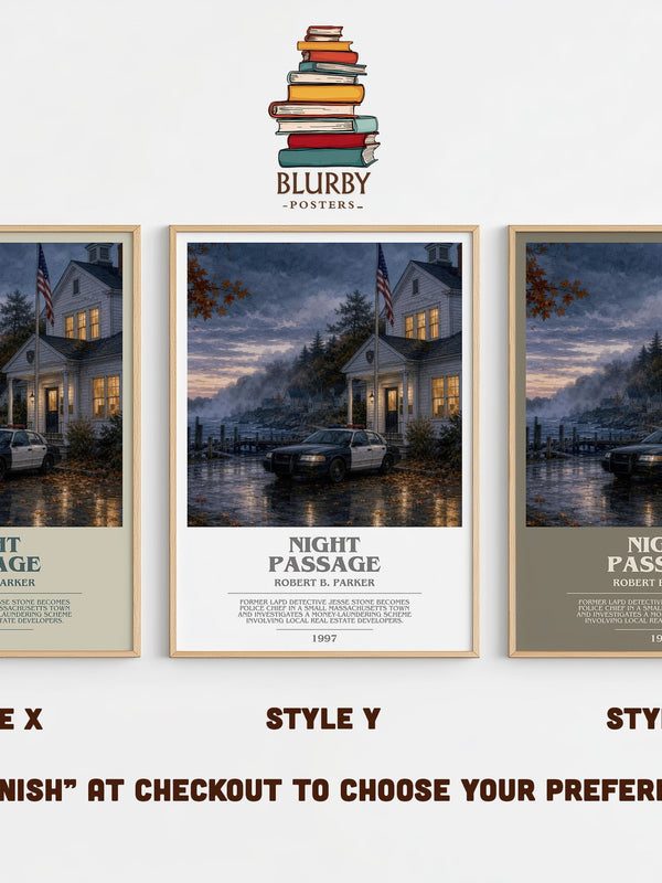 Night Passage bookish print in frame leaning in hallway – crime wall art