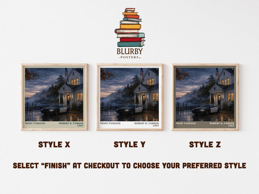 Night Passage literary print in frame leaning in hallway – crime wall art (mockup)
