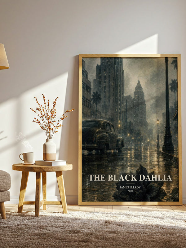 The Black Dahlia watercolour print in frame leaning in hallway – crime wall art