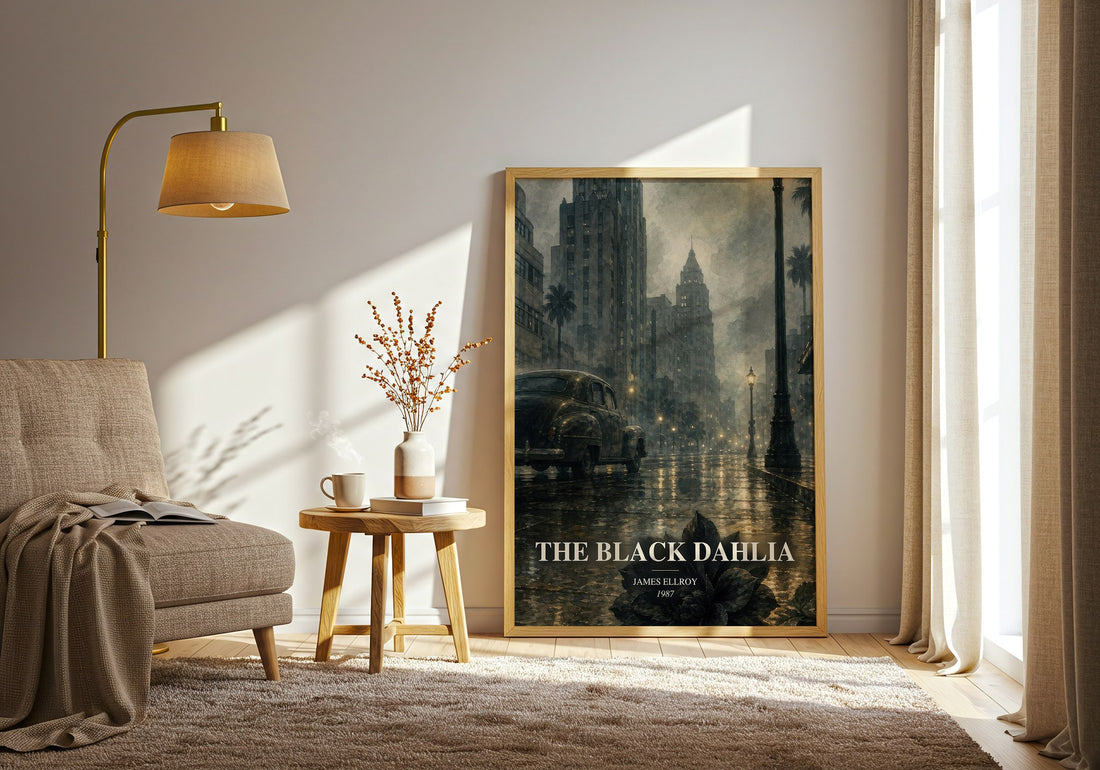 The Black Dahlia watercolour print in frame leaning in hallway – crime wall art (mockup)