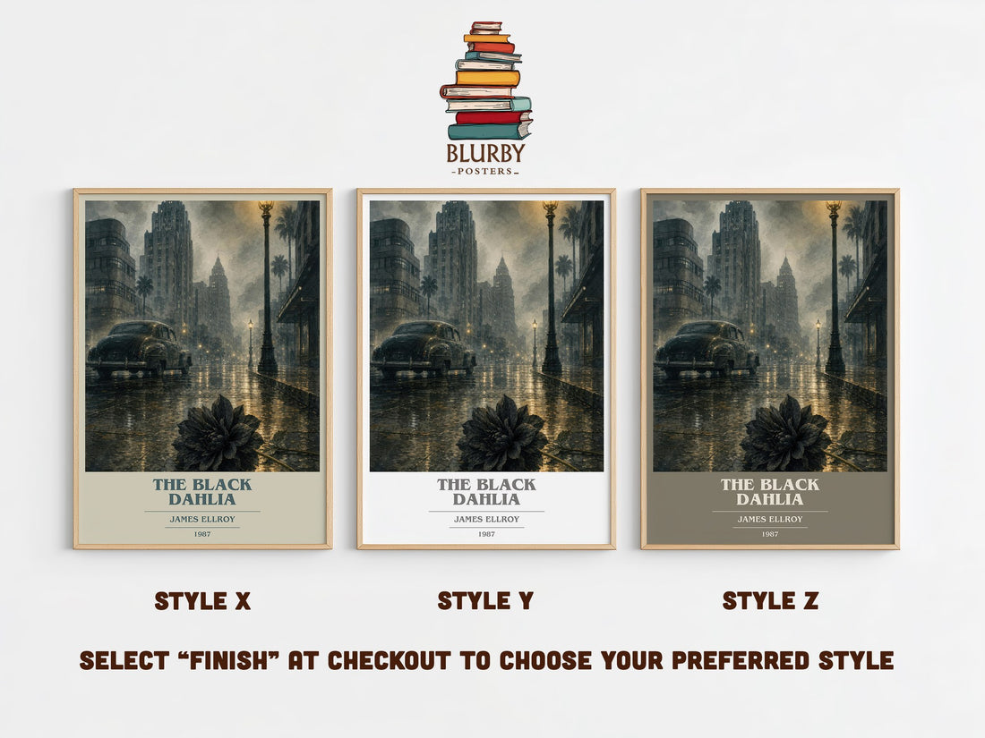 The Black Dahlia book cover print in frame leaning in hallway – crime wall art (mockup)