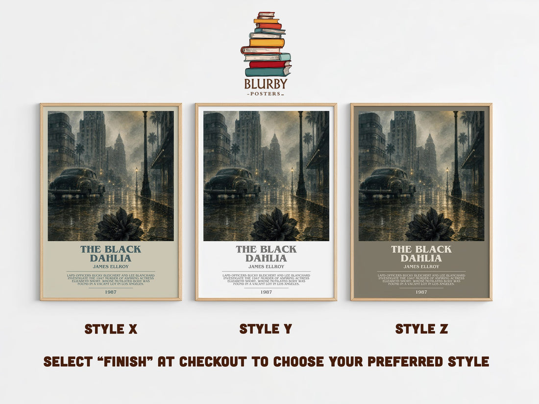 The Black Dahlia bookish print in frame leaning in hallway – crime wall art (mockup)