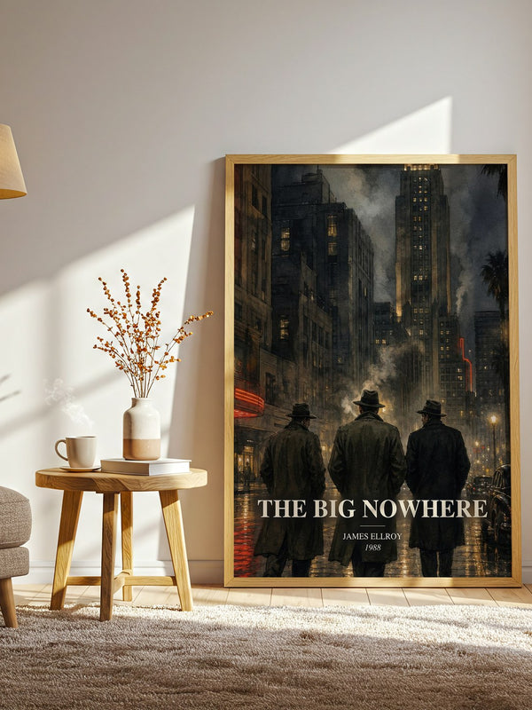 The Big Nowhere watercolour print in frame leaning in hallway – crime wall art