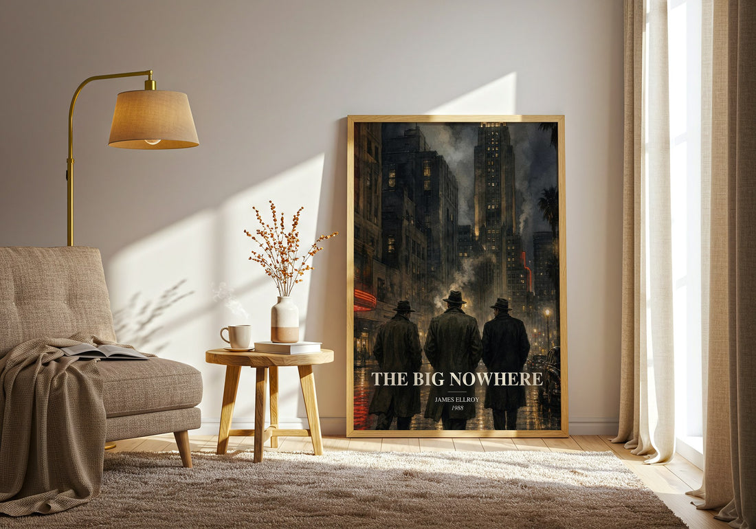 The Big Nowhere watercolour print in frame leaning in hallway – crime wall art (mockup)