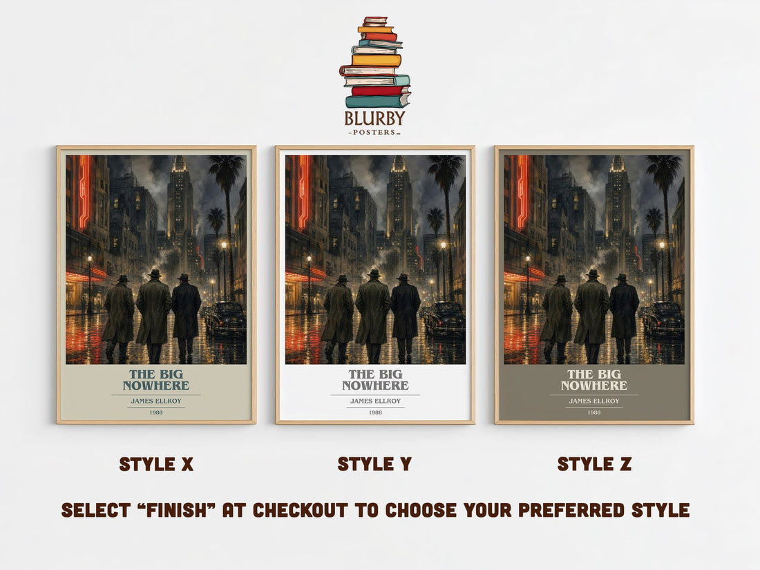 The Big Nowhere book cover print in frame leaning in hallway – crime wall art (mockup)
