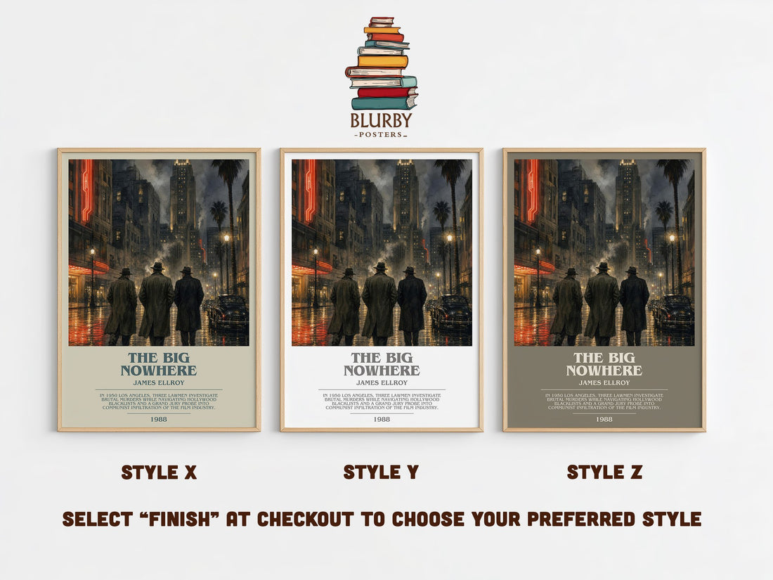 The Big Nowhere bookish print in frame leaning in hallway – crime wall art (mockup)