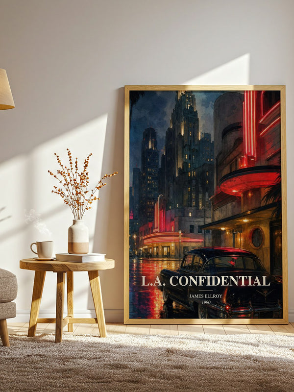 L.A. Confidential watercolour print in frame leaning in hallway – crime wall art