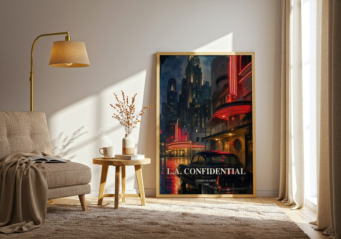 L.A. Confidential watercolour print in frame leaning in hallway – crime wall art (mockup)