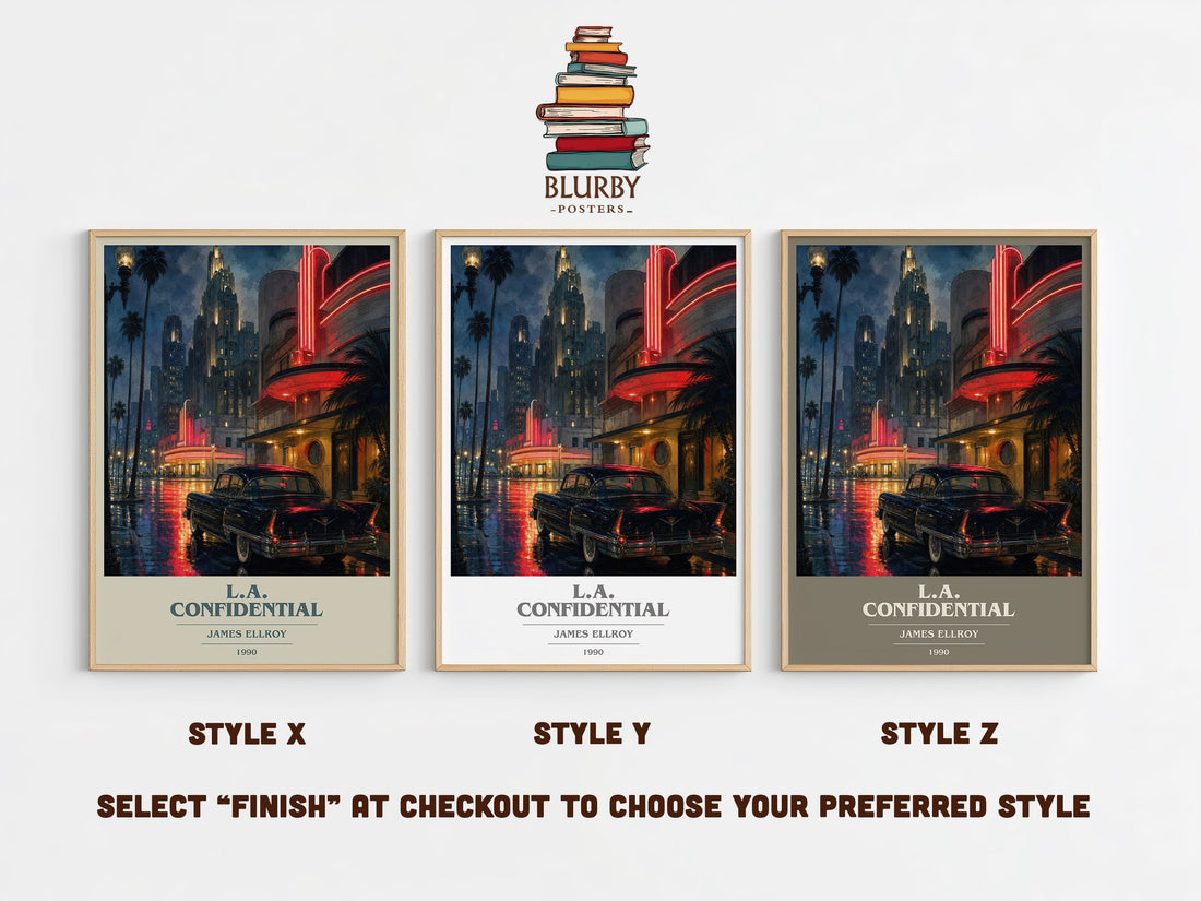 L.A. Confidential book cover print in frame leaning in hallway – crime wall art (mockup)