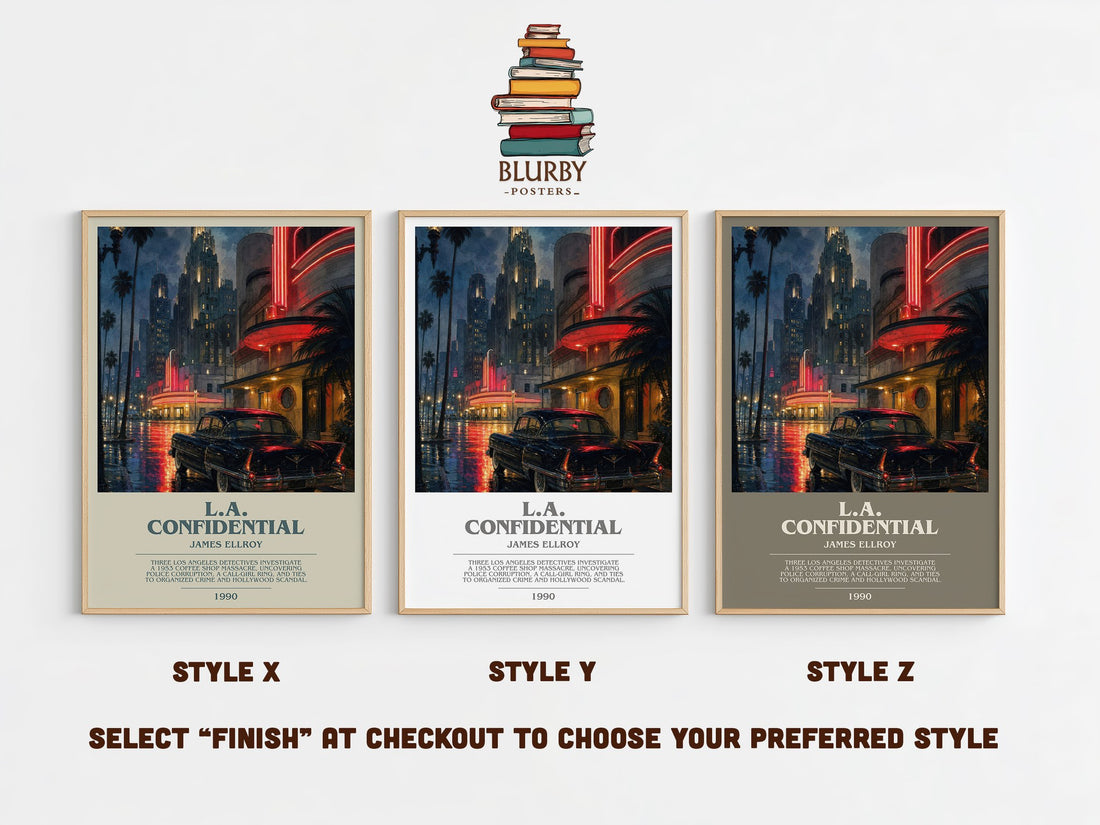 L.A. Confidential bookish print in frame leaning in hallway – crime wall art (mockup)