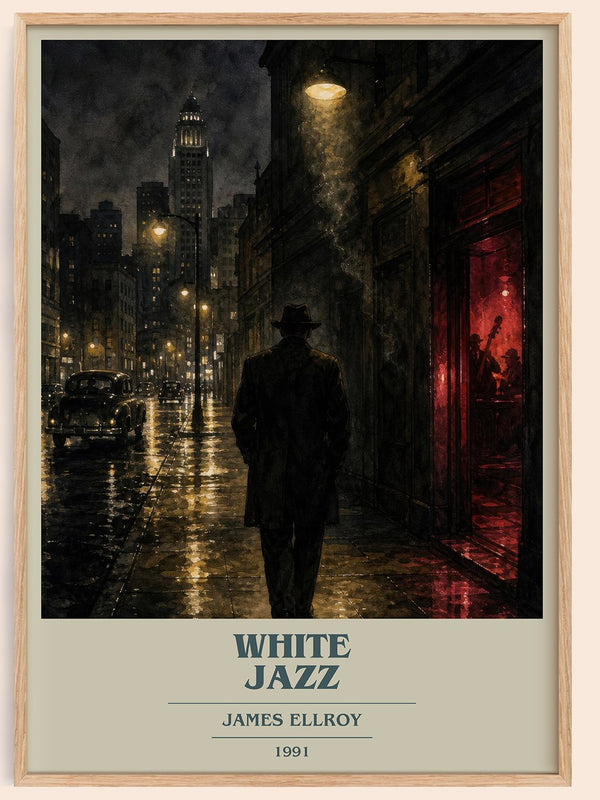 White Jazz book cover book poster by James Ellroy – framed literary art print